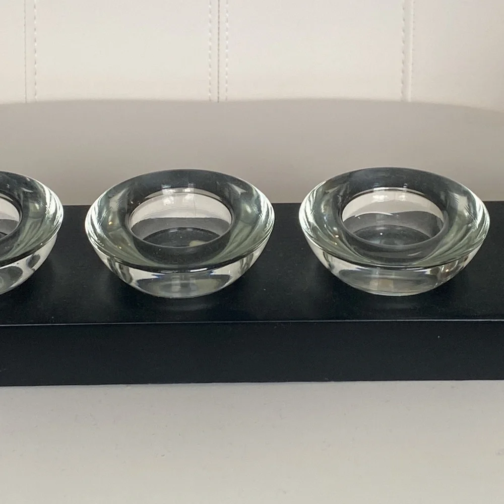 Vintage Pier 1 Black Wood 5 Glass Tea Light Candle Holder Tray.